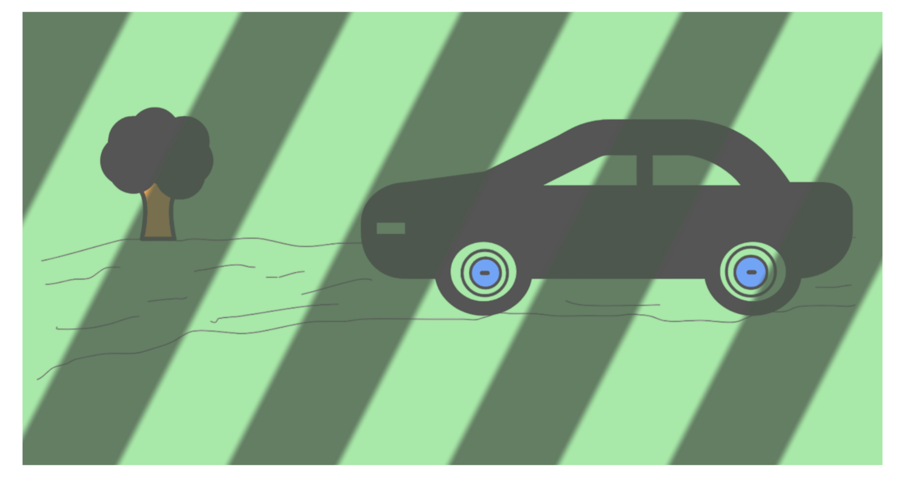 The image shows a black car with blue-rimmed wheels on a wavy-lined road next to a dark tree with a brown trunk. The green background has diagonal shadows, adding a unique stylized effect. png