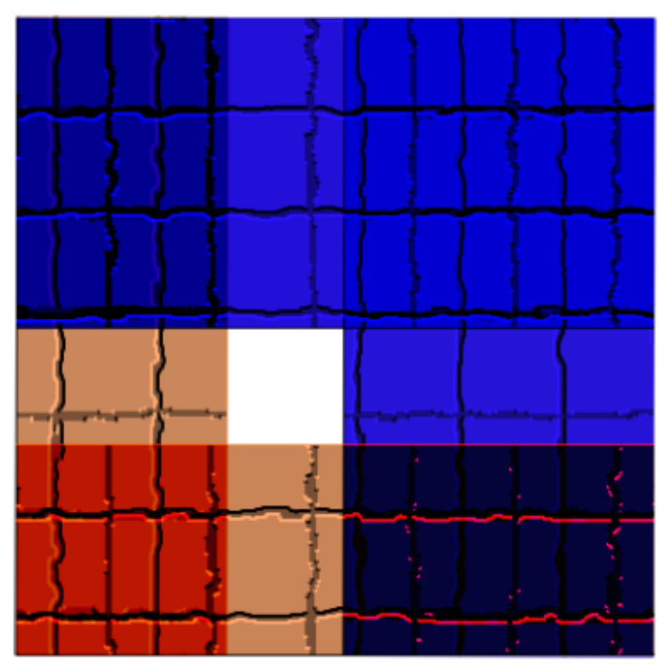 A mosaic tile pattern featuring bold blue, red, and beige squares with black and red grid lines. The textured effect and abstract design make it ideal for backgrounds, textiles, or artistic projects. png