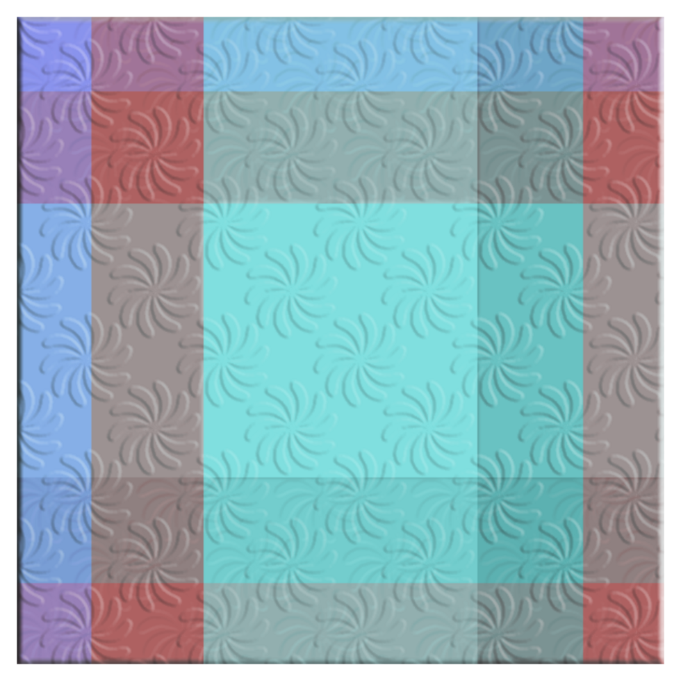 The image showcases an embossed floral pattern with overlapping translucent rectangles in shades of blue, red, teal, purple, and gray, creating a layered geometric effect. png