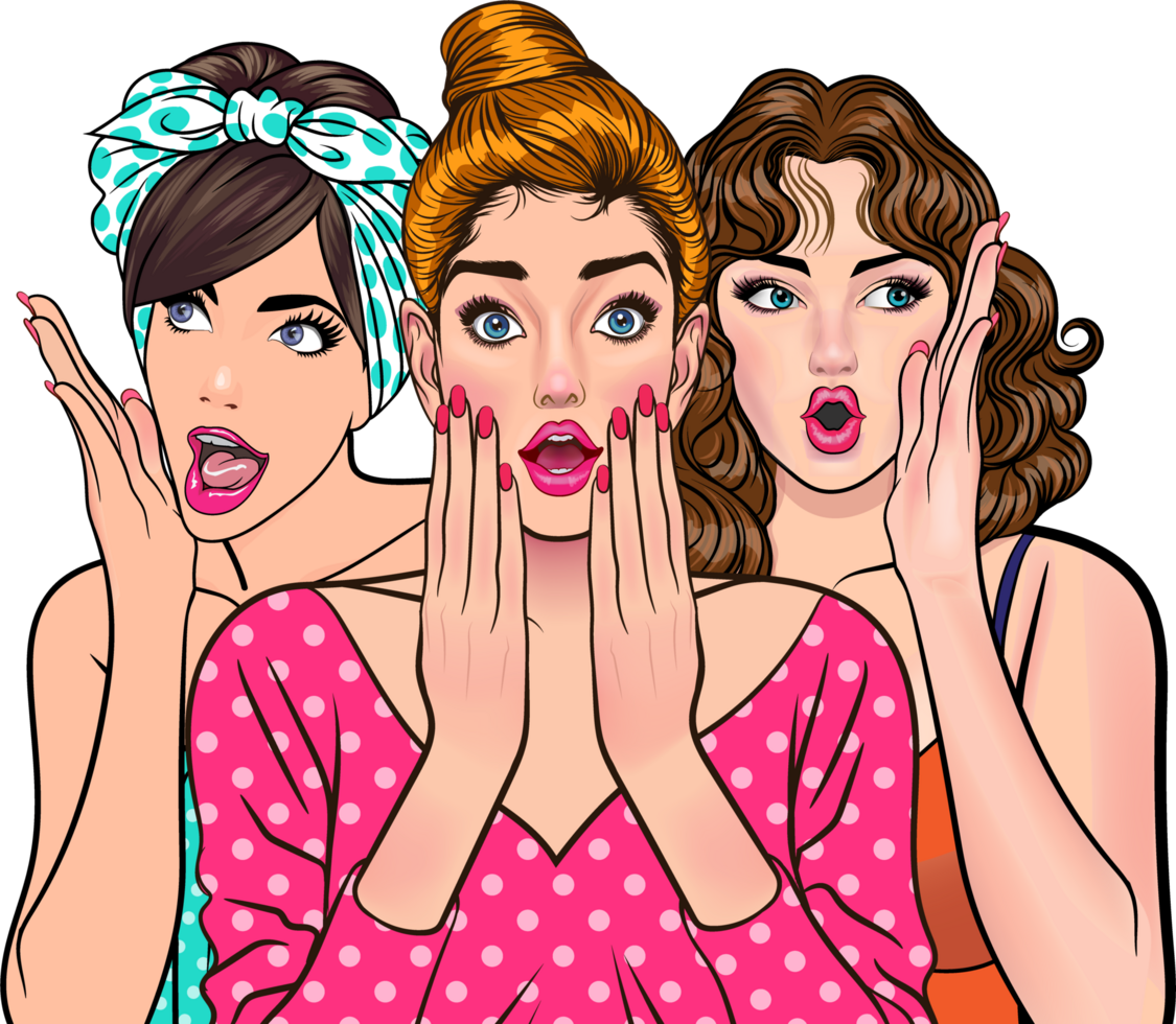 Pop art female reacting with a surprised expression after gossiping. png