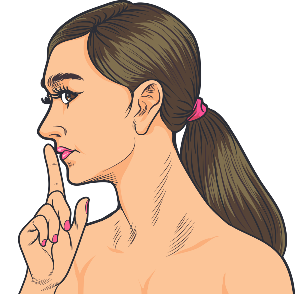 A model is making a silent sign by placing her finger on her lips. png