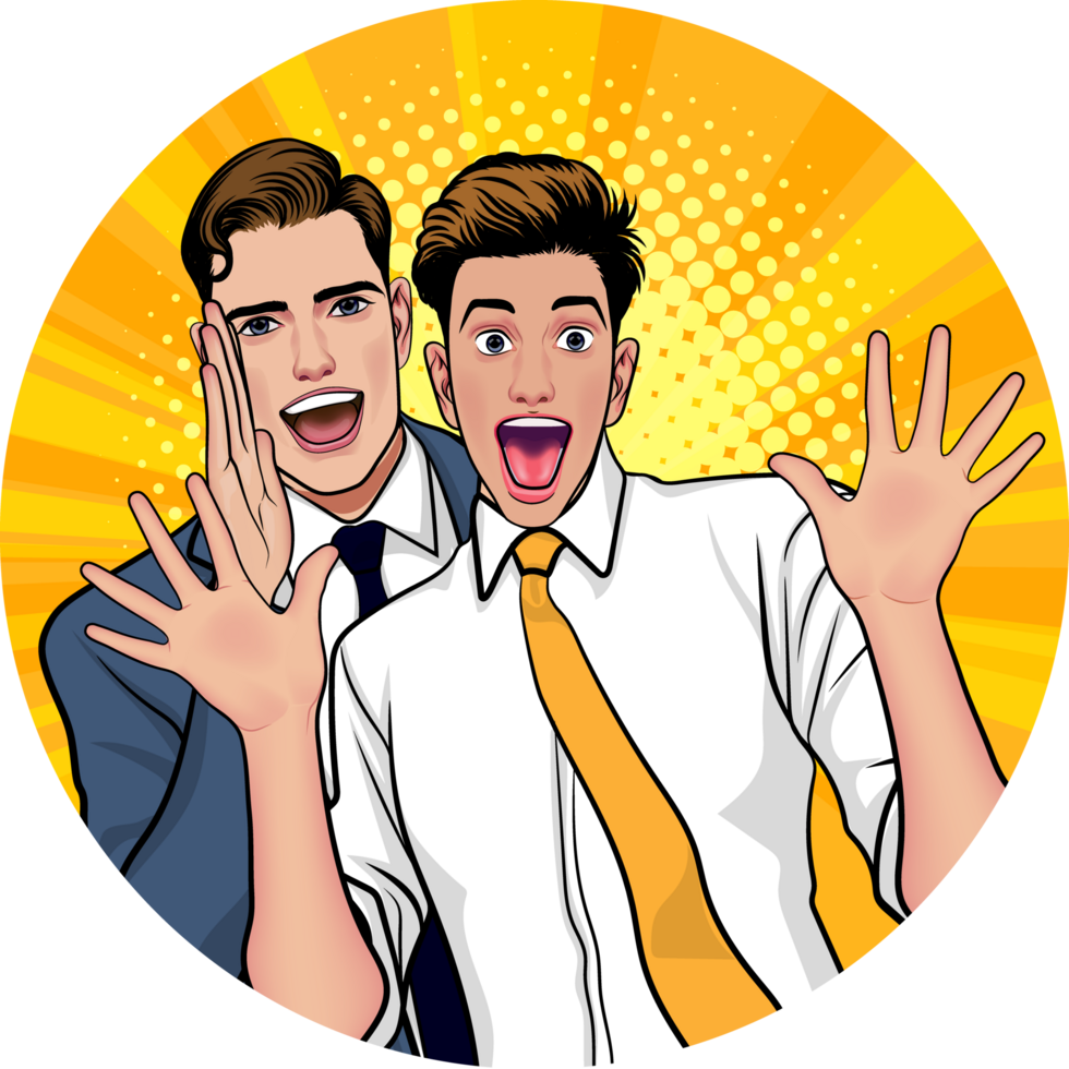 Comic-style man spreads unbelievable rumors with excitement png