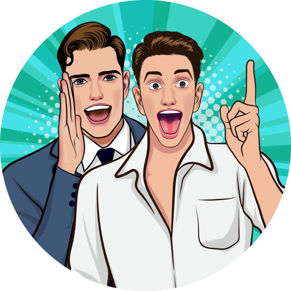 A young man with a bright comic-style face makes a shocked expression with his mouth wide open. png