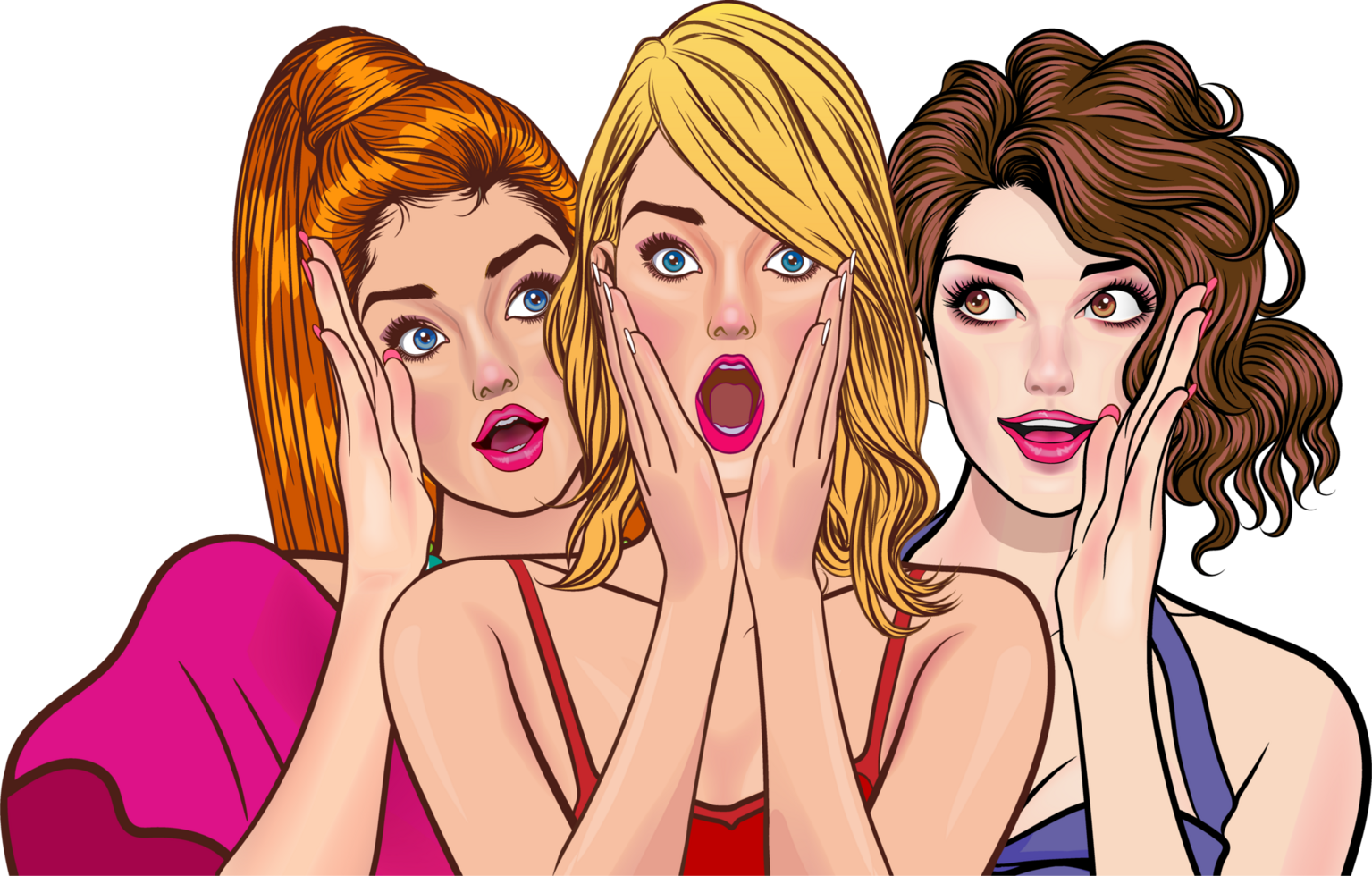 Three pop art beauties whisper top secrets with mysterious smiles png