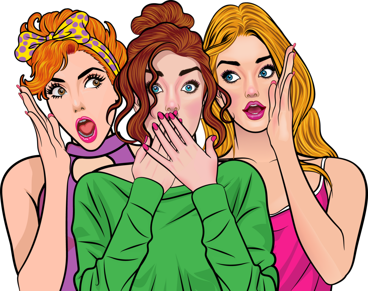 Three beautiful businesswomen of different styles hold their chins as they ponder over surprising information. png