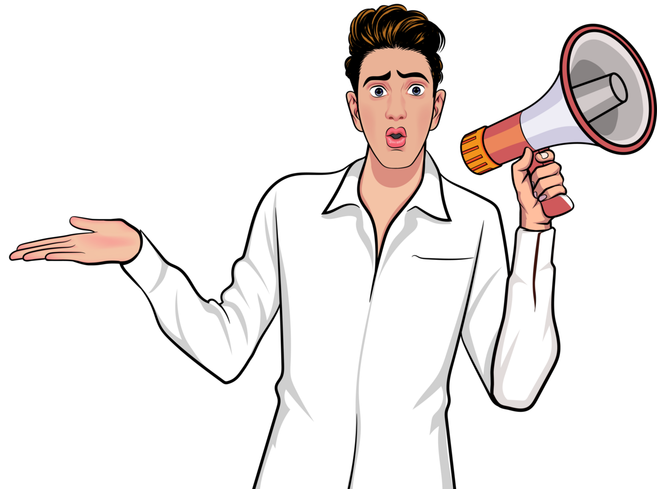 Comic-style guy leading a crowd in a protest with a loudspeaker. png