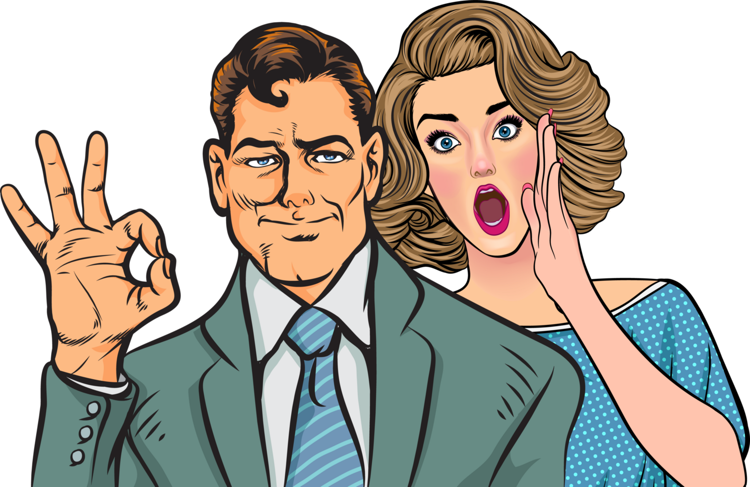 A retro-style secretary is excitedly reporting sales to senior executives. png