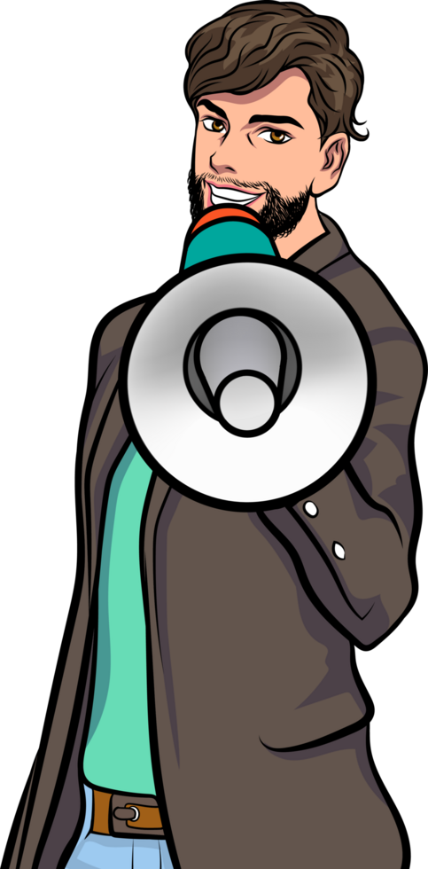 Retro businessman making a confident announcement in a vintage style. png