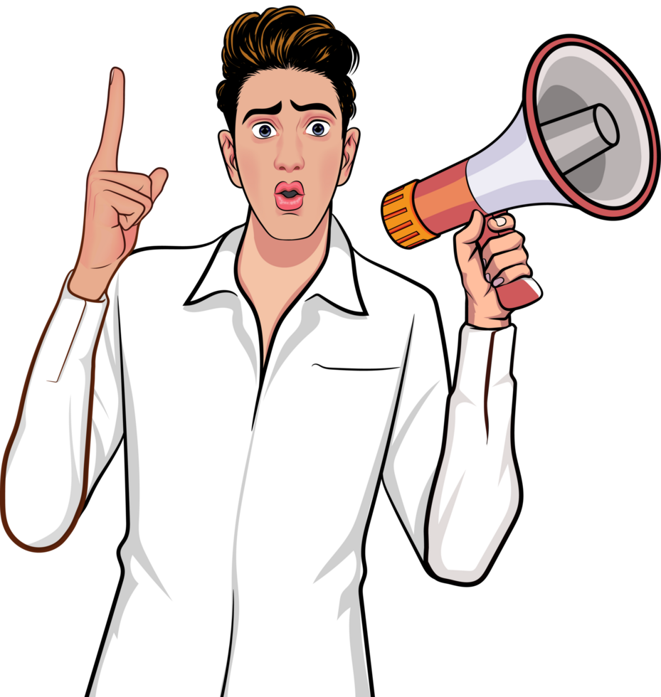 Retro man using a megaphone to call for attention. png