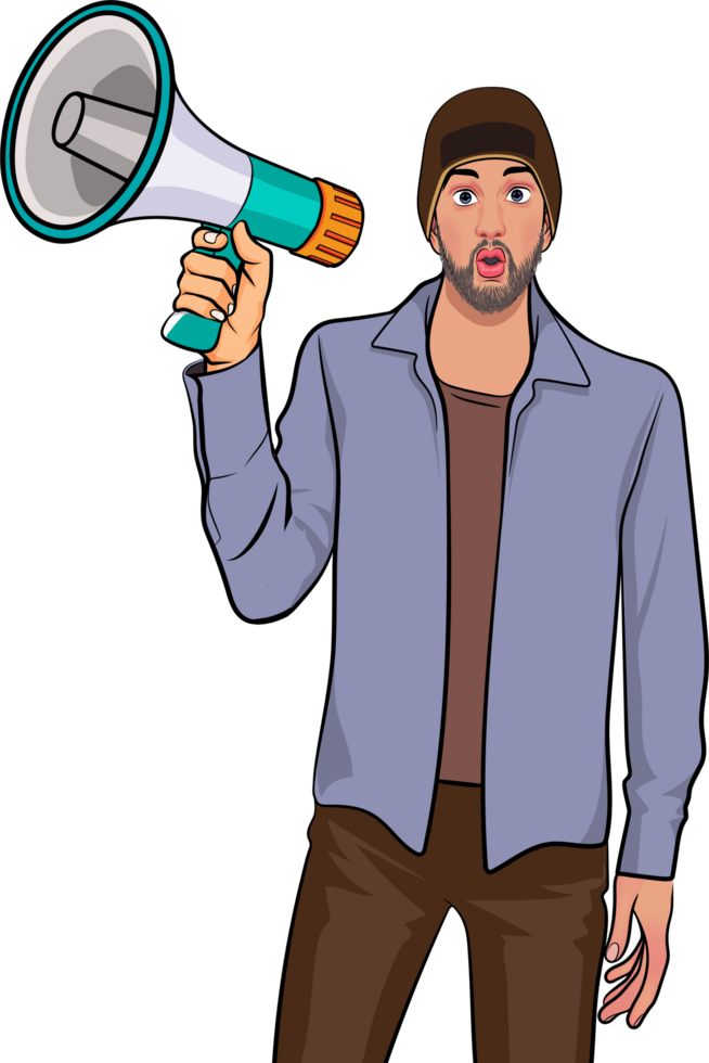 A model with a scruffy fashionista holding a megaphone to promote a new song. png