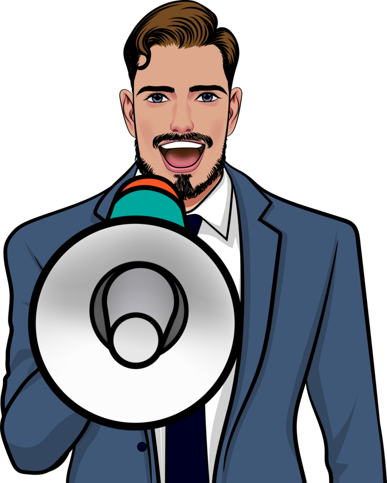 Retro man standing confidently while making a big announcement. png