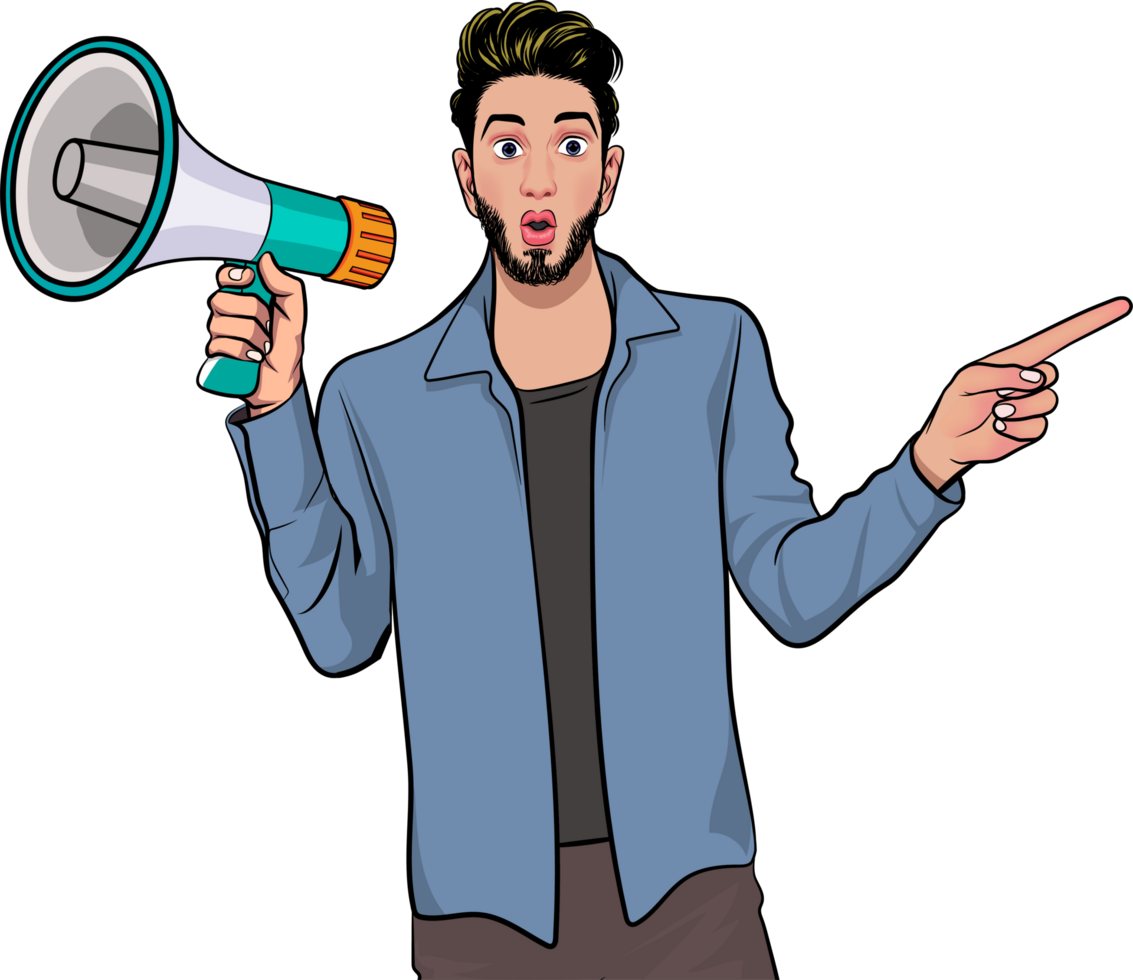 Retro guy holding a megaphone and spreading an exciting news update. png