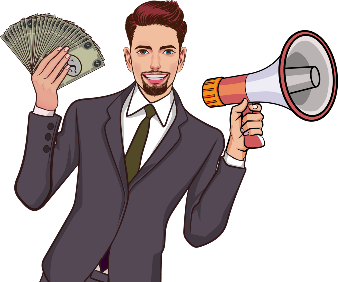 A young, smart executive holds a large sum of money and speaks through a megaphone inviting people to join an interesting business. png
