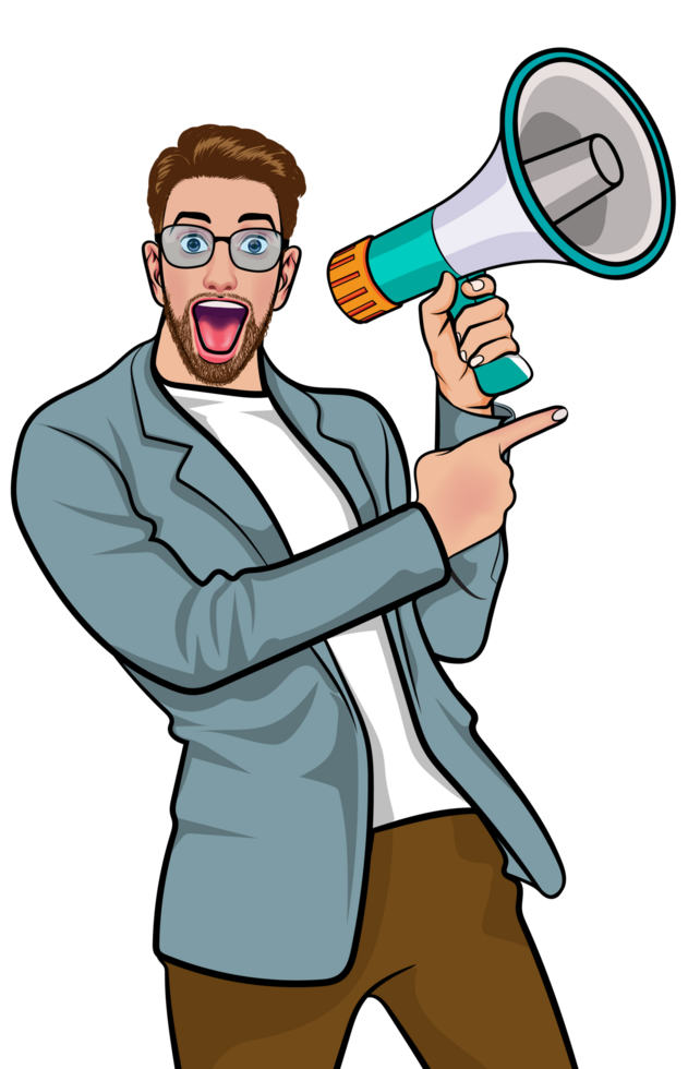 Retro advertisement with a confident businessman shouting a message. png