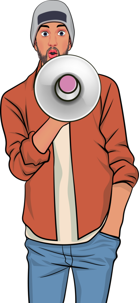 A scruffy guy in a woolly hat shouts Big Sale with a shocked expression on his face png