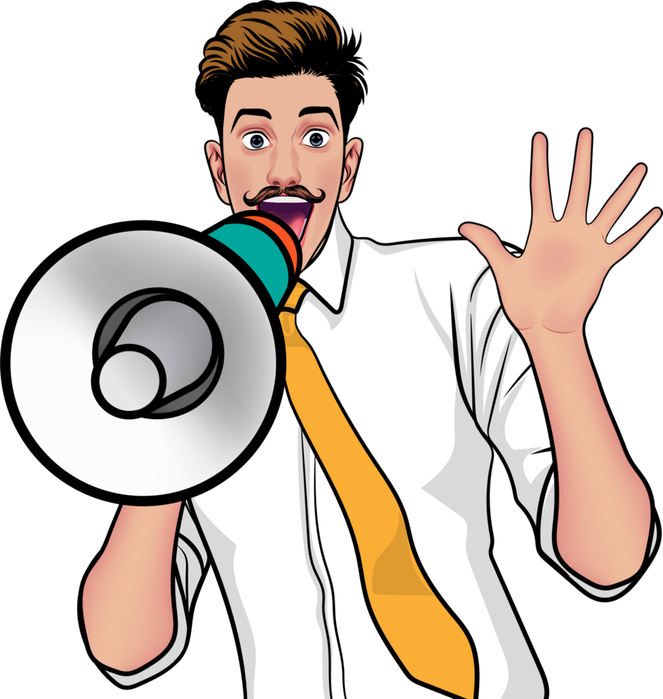 Comic-style man with hands up, shouting an urgent warning. png