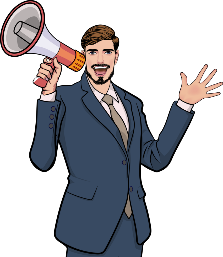 Comic-style man holding a microphone and calling for urgent action. png