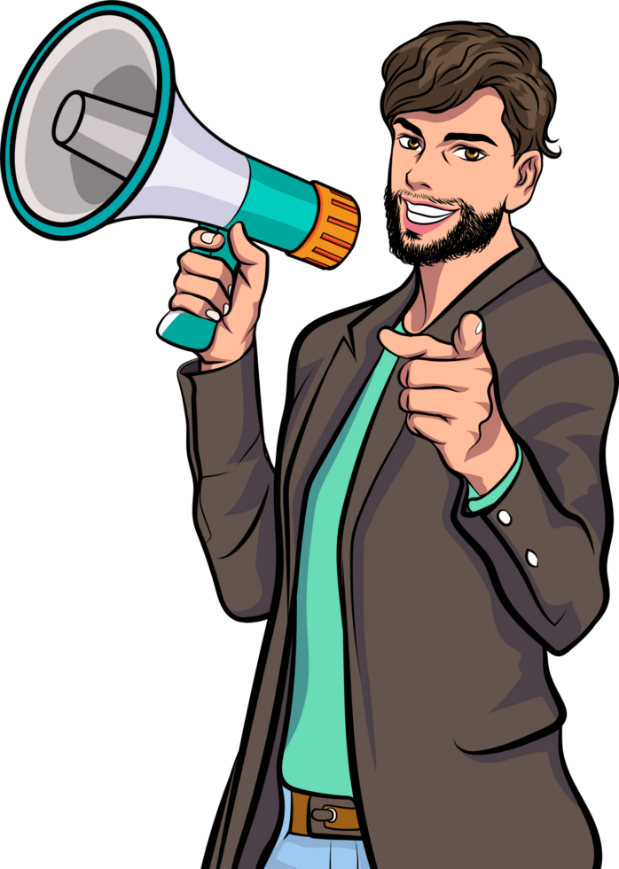 Pop art activist shouting at a rally with passion. png