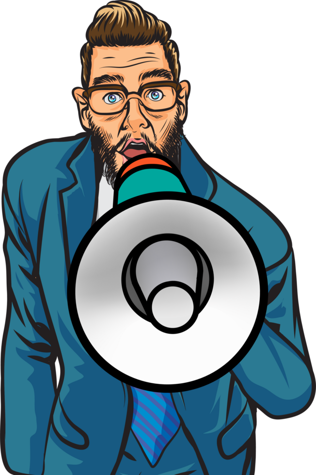Comic-style senior male investor shouts into a megaphone during a meeting png