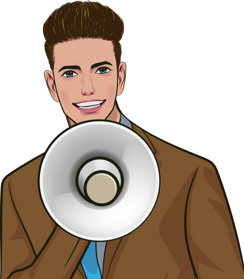 Pop art man making an energetic sales pitch through a megaphone. png