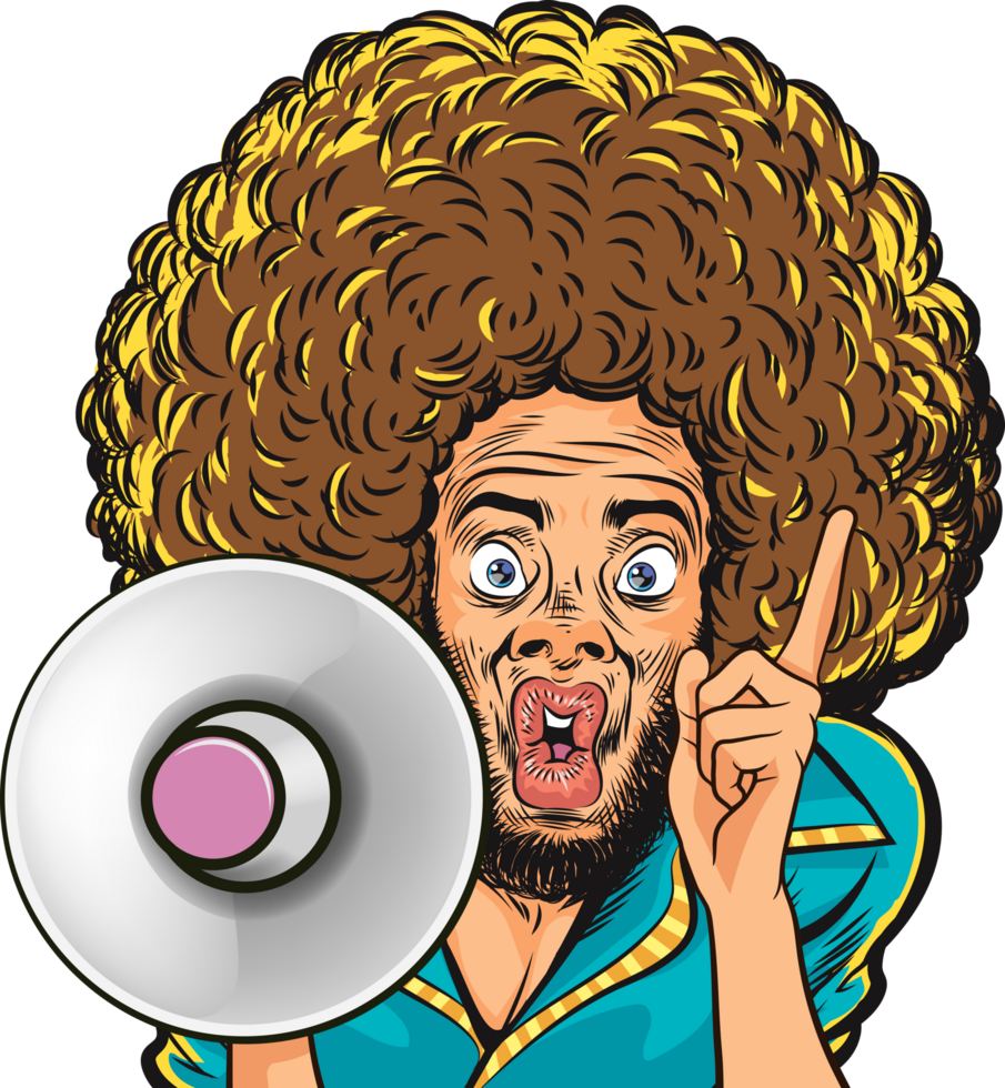 Vintage male protester holding a megaphone and shouting loudly. png