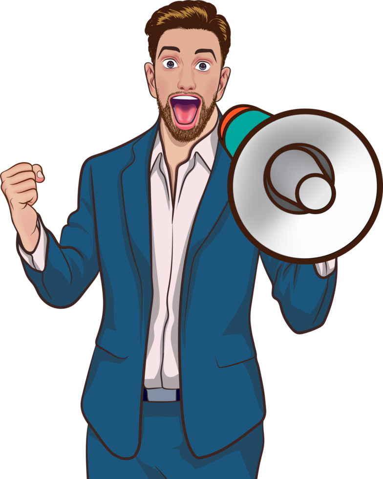 Retro man warning the public with a loud megaphone. png