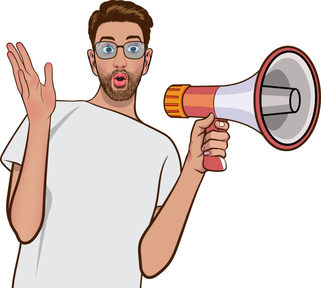 A young man dressed simply is announcing something through a megaphone. png