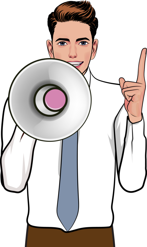 Vintage gentleman confidently announcing a major corporate event. png