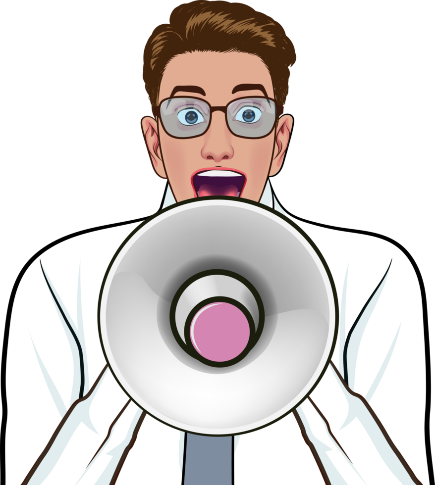 Pop art man screaming WOW with exaggerated expressions. png