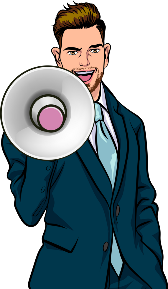 Pop art speaker making a dramatic speech through a megaphone. png