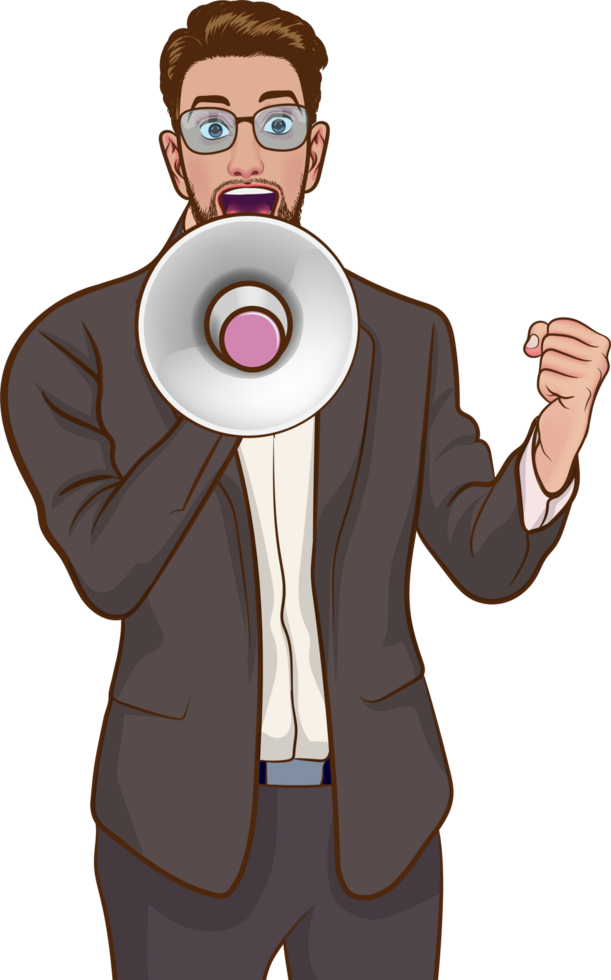 Retro male shouting with enthusiasm in a sales promotion. png