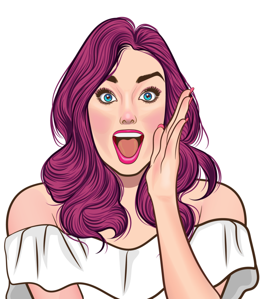 Pop art lady excitedly advertising a new fashion trend. png