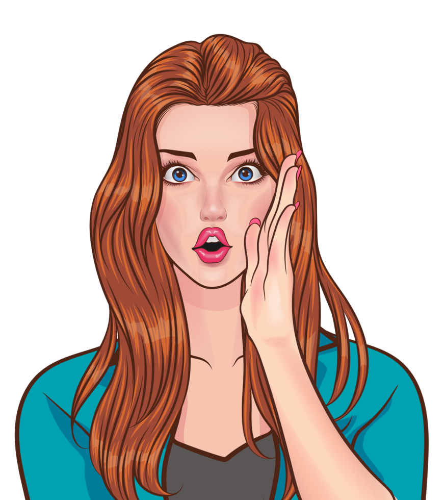 A long-haired pop art girl with blonde hair does a whisper pose with an excited expression. png