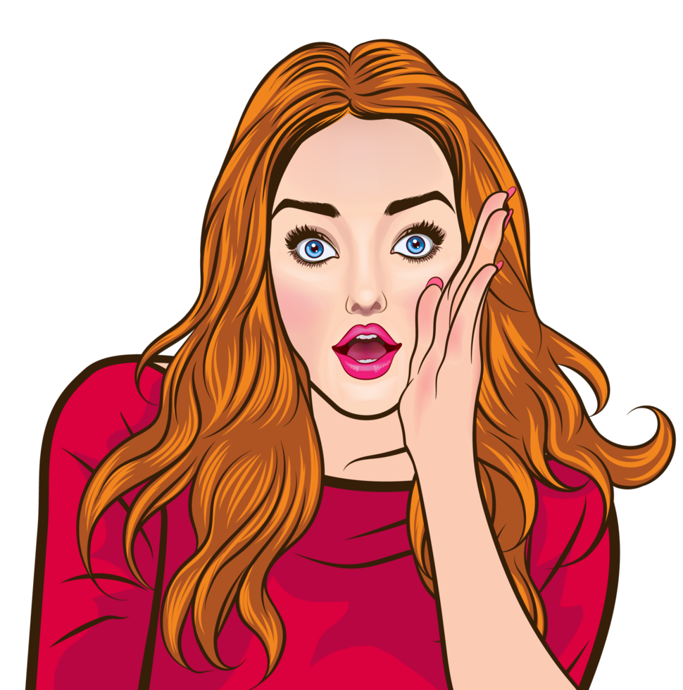 A pop art girl with big, sharp eyes and long hair, she puts her left hand over her mouth and looks astonished. png