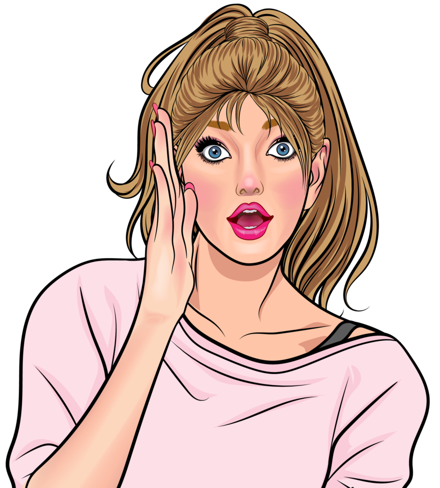 A little girl with a ponytail puts her hand over her mouth and says something interesting. png