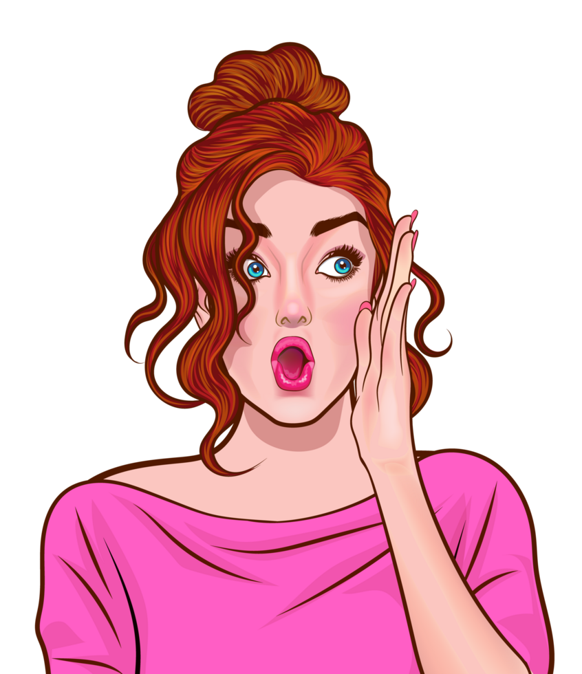 Pop art girl whispering while looking around suspiciously. png