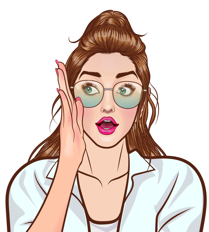 A girl with glasses and half-up hair makes a cute gesture of putting her hand over her mouth and glancing to the side. png