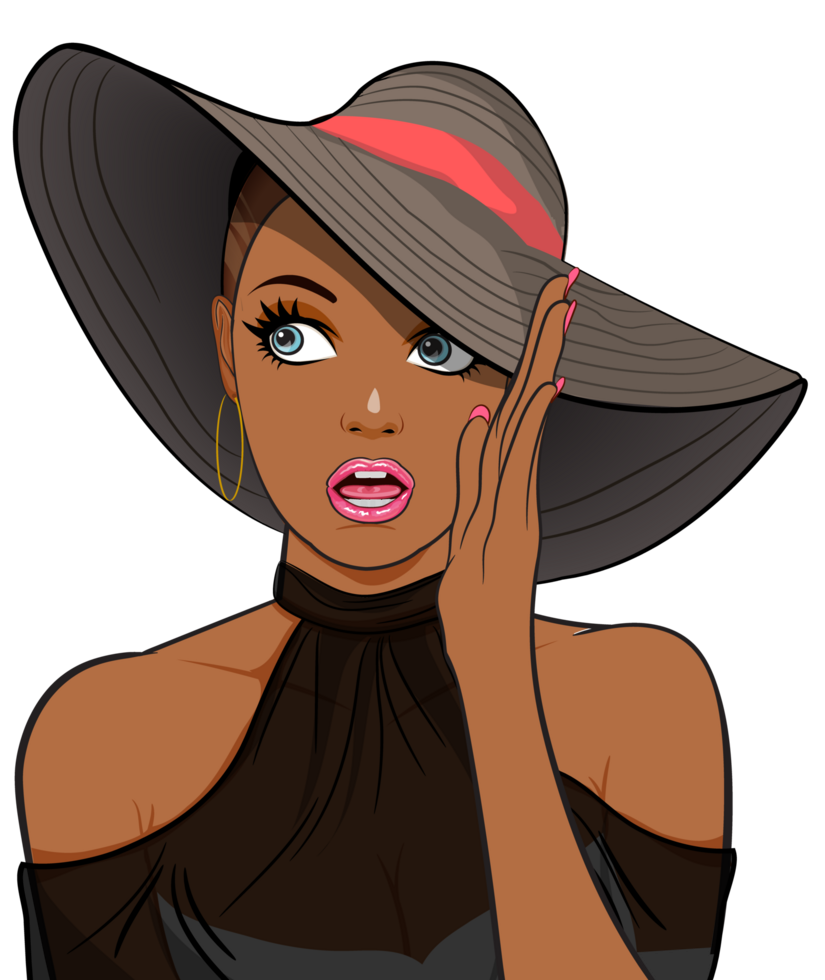 A beautiful, high-society, dark-skinned woman, wearing full make-up and a luxurious, large-brimmed hat, is glancing at something sexy. png