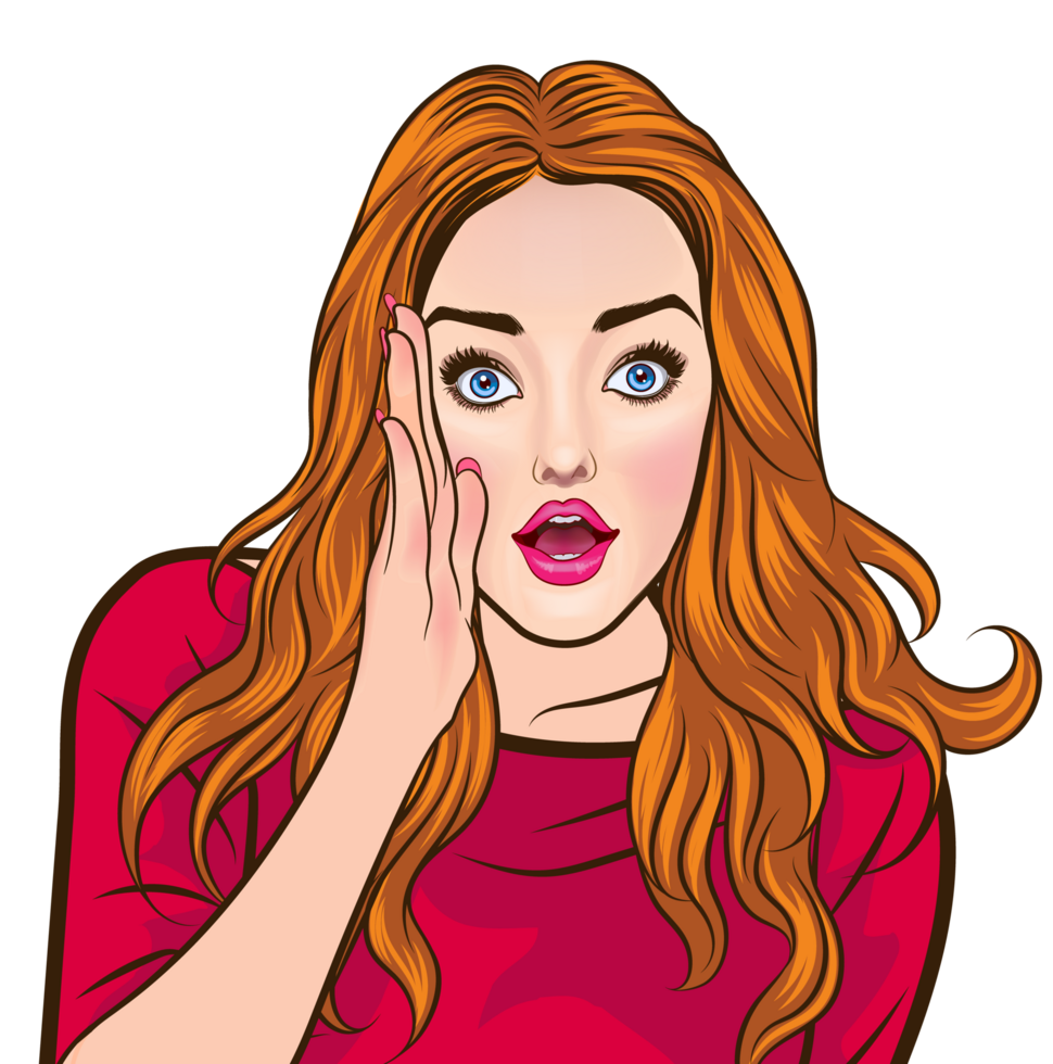 A pop art girl with big, sharp eyes and long hair, she puts her right hand over her mouth and looks shocked. png