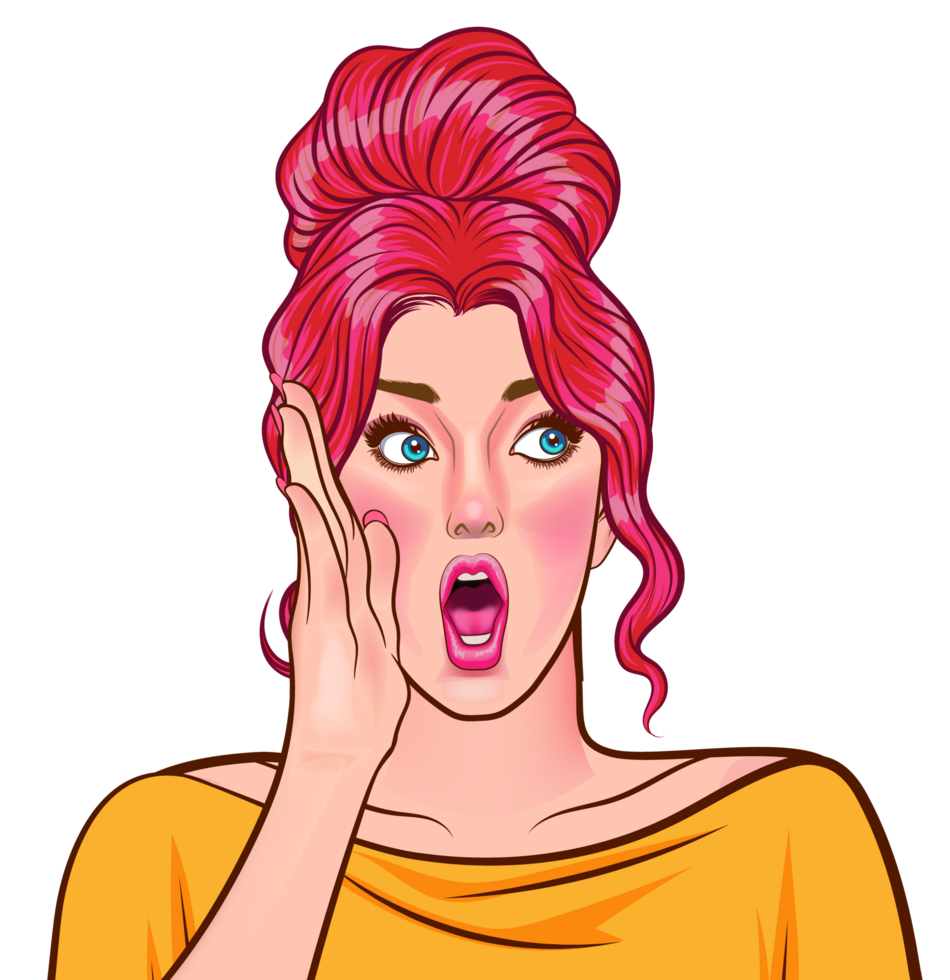 A young model with bright pink hair puts her hand over her mouth and says something. png