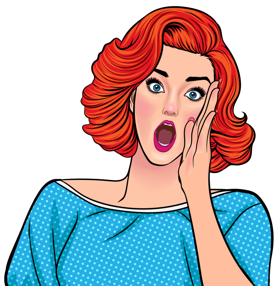 Comic-style lady talking excitedly about the latest scandal. png