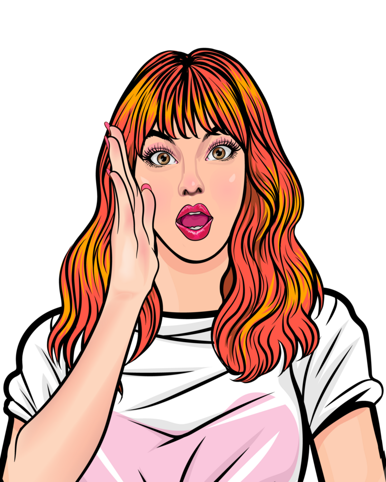 A young woman with sharp eyes and multi-colored highlighted hair whispers something. png
