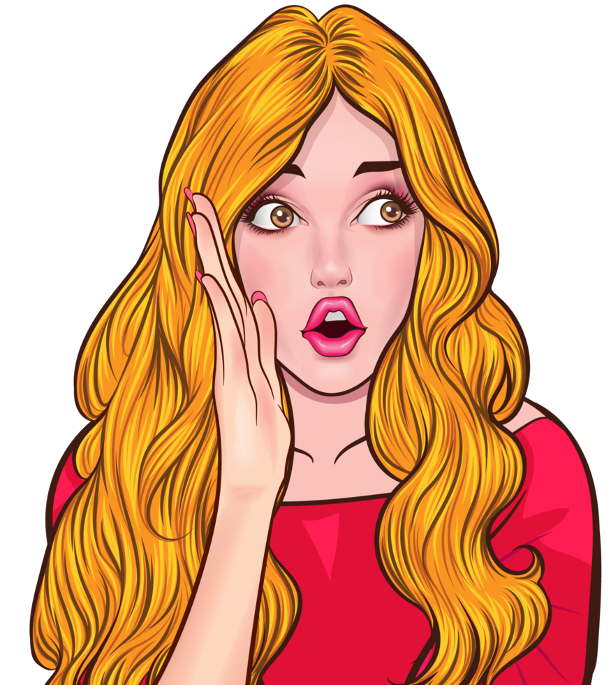 A beautiful girl with long golden hair makes a gesture of covering her mouth with her hand as if she is talking about something important. png