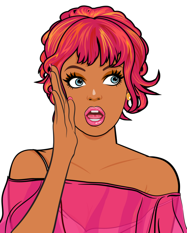 A dark-skinned vintage girl with full makeup and a bright off-the-shoulder top, puts her right hand over her mouth and says something. png