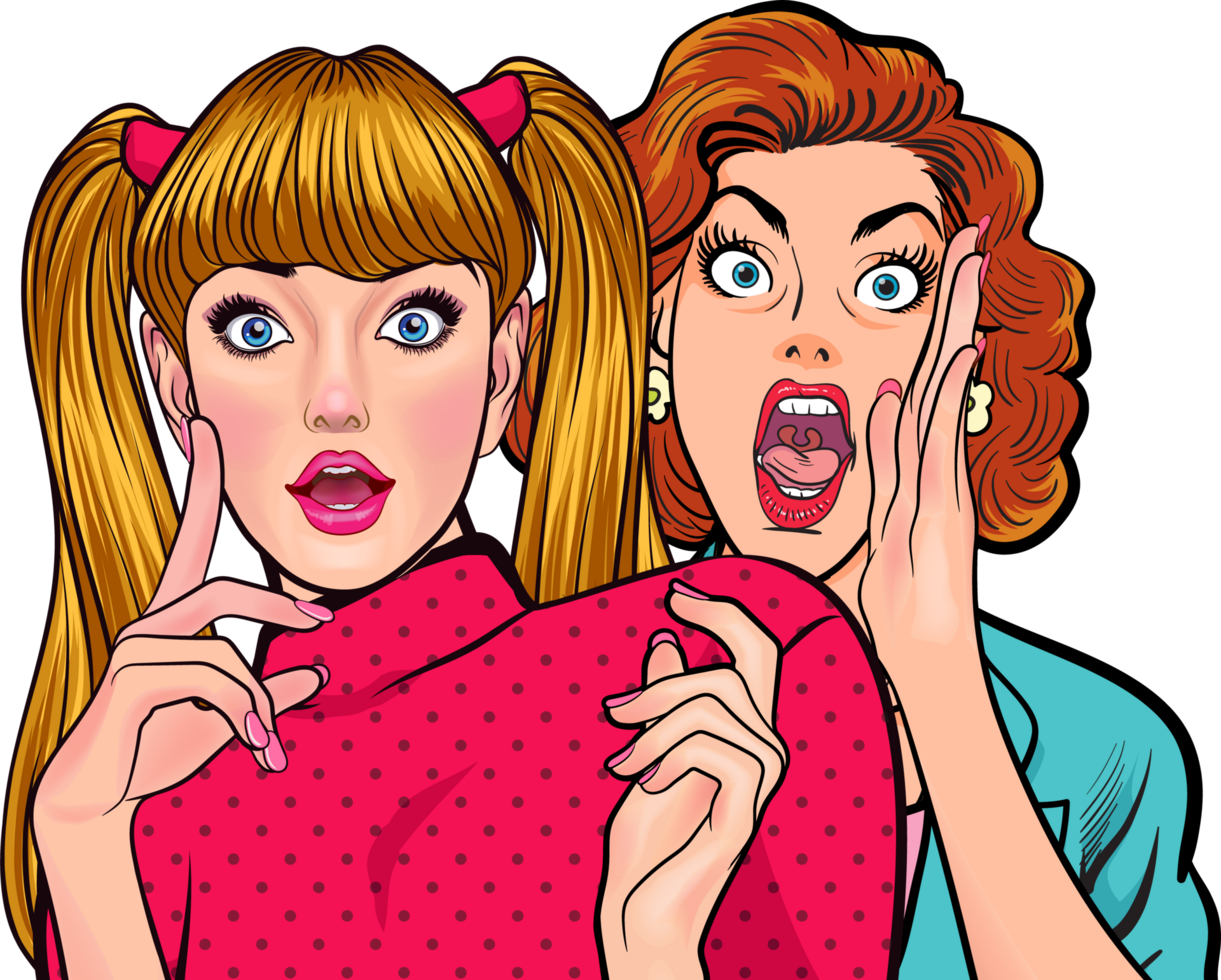 Pop art friends engaging in intense gossip conversation. png