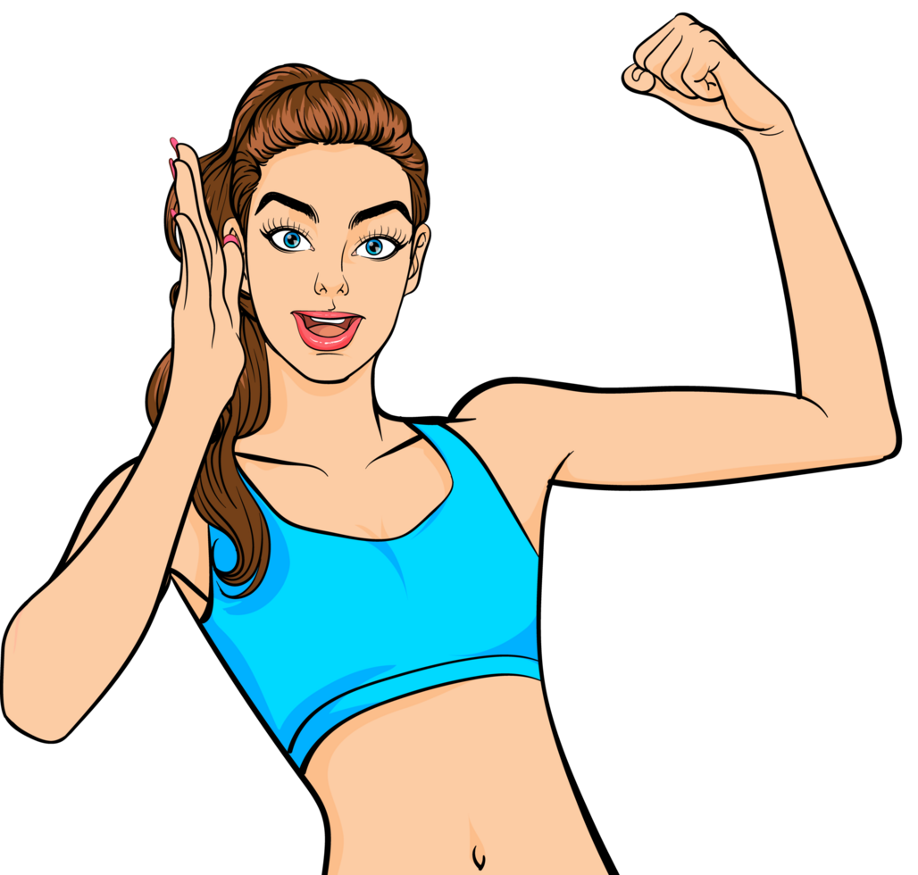 A young woman in workout clothes with a strong pose and a confident expression. png