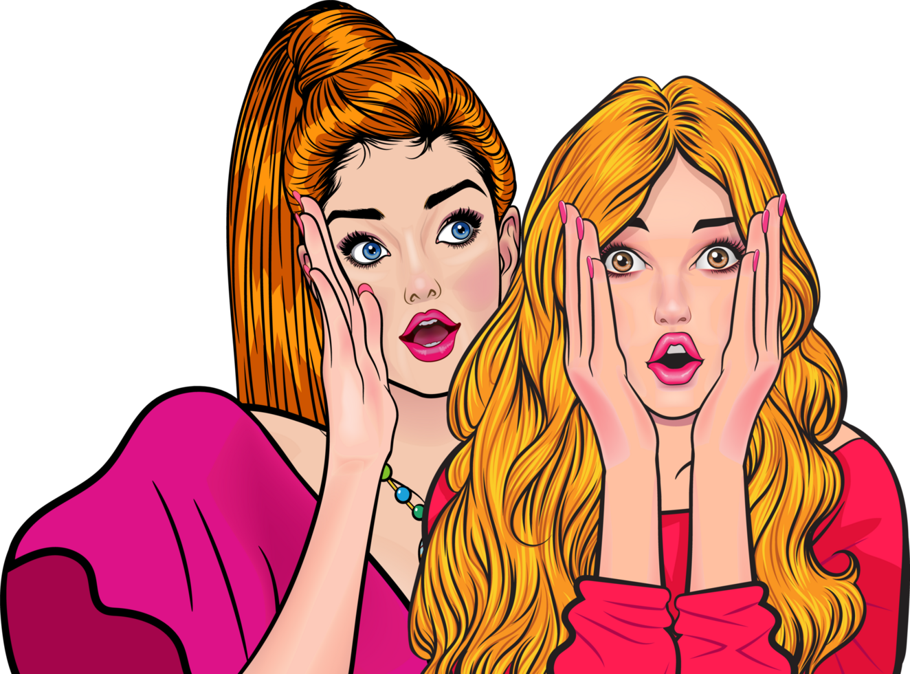 A retro-styled, elegant young woman whispers something to her long-haired friend with a surprised expression. png