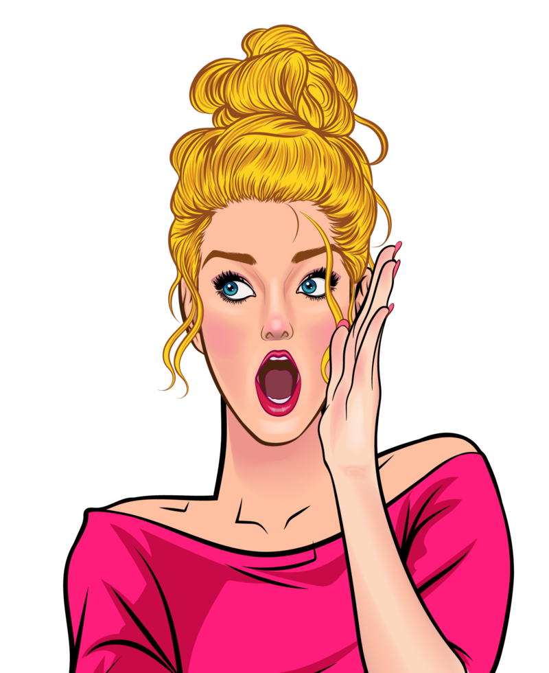 Retro advertisement with a shouting woman in bright colors. png