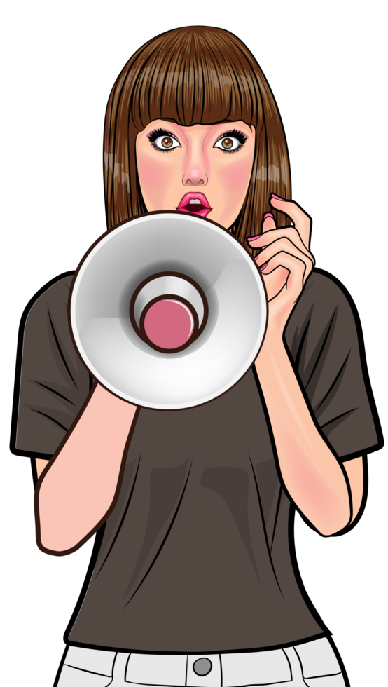 Pretty woman calling out to shoppers with a confident expression. png