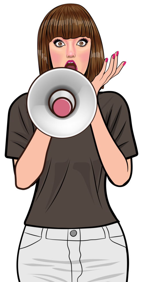 Comic-style woman in a dramatic protest pose with a loudspeaker. png